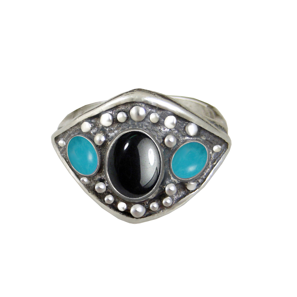 Sterling Silver Medieval Lady's Ring With Hematite And Turquoise Size 9